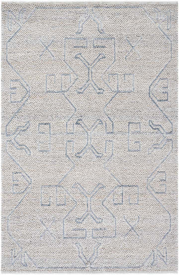 Close up of the Cosmin Area Rug. Hand woven rug in arctic sky and beige with a contemporary geometric pattern. Design-Rectangle-576