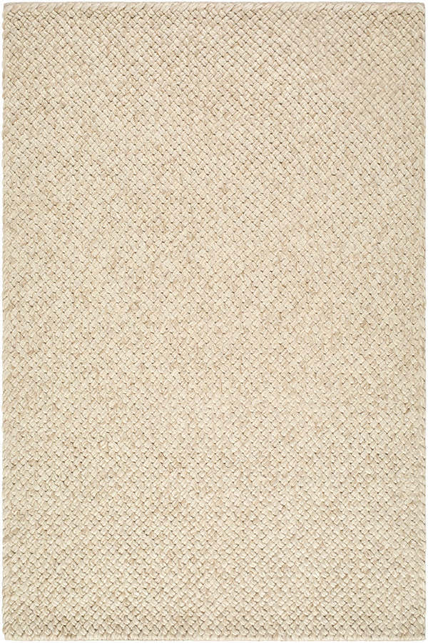 Close-up of the Rowue Ivory Solid Area Rug. Hand-woven wool rug with a subtle basket weave texture. Farmhouse style. Design-Rectangle-576