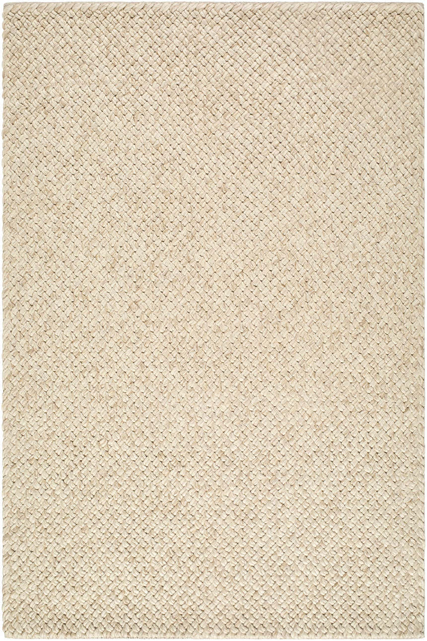 Close-up of the Rowue Ivory Solid Area Rug. Hand-woven wool rug with a subtle basket weave texture. Farmhouse style. Design-Rectangle-576