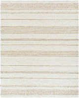 Close-up of the hand woven Ciaran Area Rug. Ivory wool rug with sandstone and taupe horizontal stripes. Design-Rectangle-810