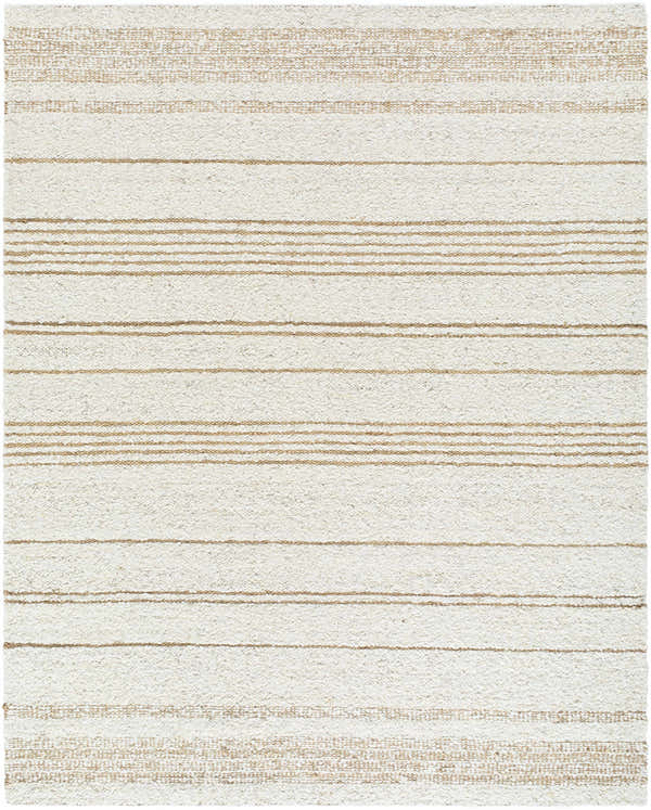 Close-up of the hand woven Ciaran Area Rug. Ivory wool rug with sandstone and taupe horizontal stripes. Design-Rectangle-810