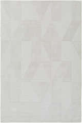 Close-up of the Callie Area Rug. Hand-loomed wool rug in ivory, light gray, and pearl with a geometric pattern. Design-Rectangle-576