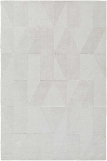 Close-up of the Callie Area Rug. Hand-loomed wool rug in ivory, light gray, and pearl with a geometric pattern. Design-Rectangle-576