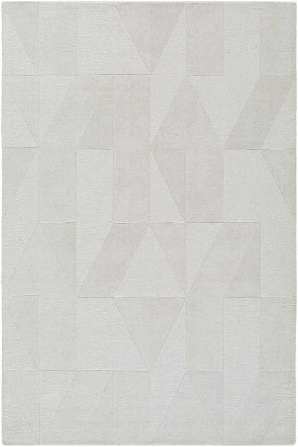 Close-up of the Callie Area Rug. Hand-loomed wool rug in ivory, light gray, and pearl with a geometric pattern. Design-Rectangle-576