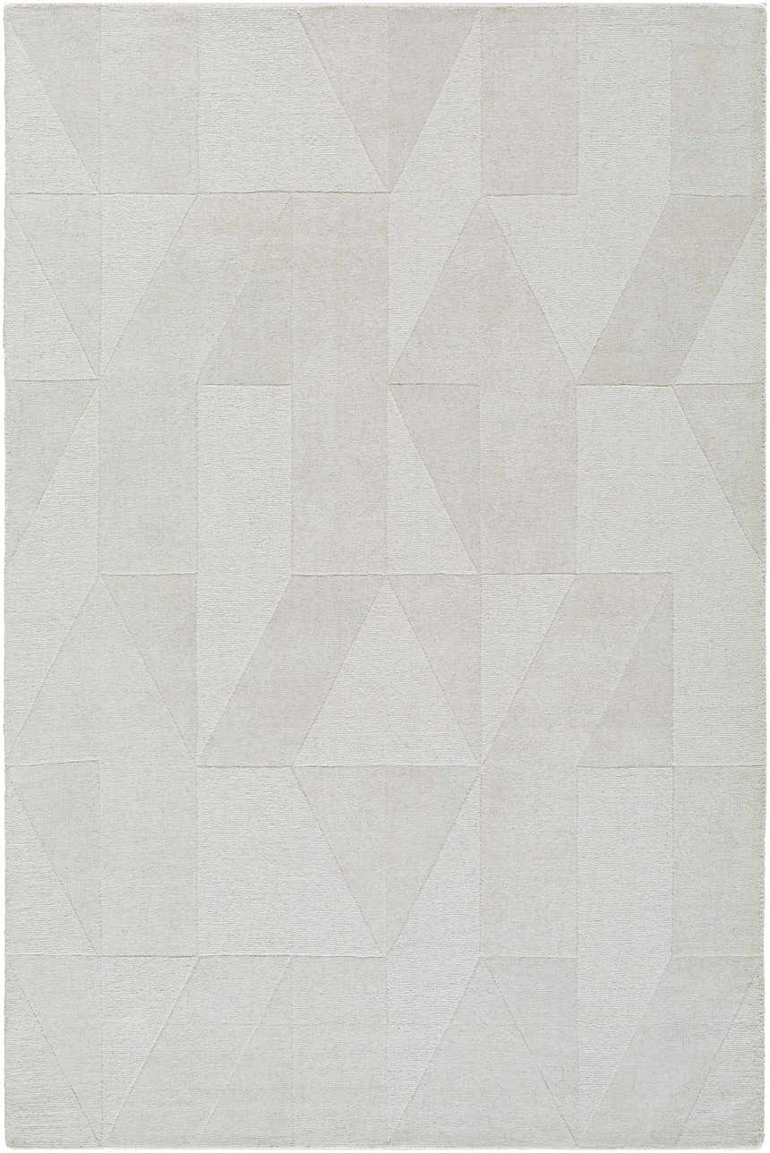 Close-up of the Callie Area Rug. Hand-loomed wool rug in ivory, light gray, and pearl with a geometric pattern. Design-Rectangle-576