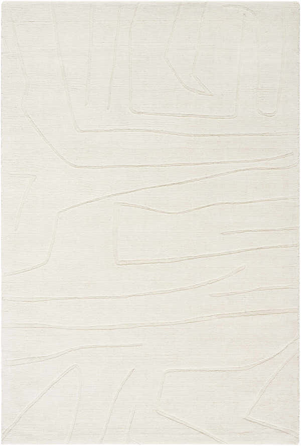 Close-up of the off-white Camryn Area Rug. Hand-loomed wool rug with a subtle, contemporary geometric pattern. Design-Rectangle-57
