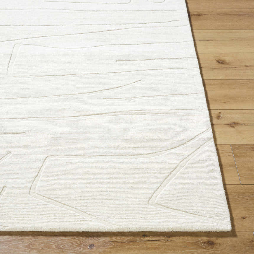 Close up of the off-white Camryn Area Rug showing its hand-loomed texture and contemporary geometric design. Front