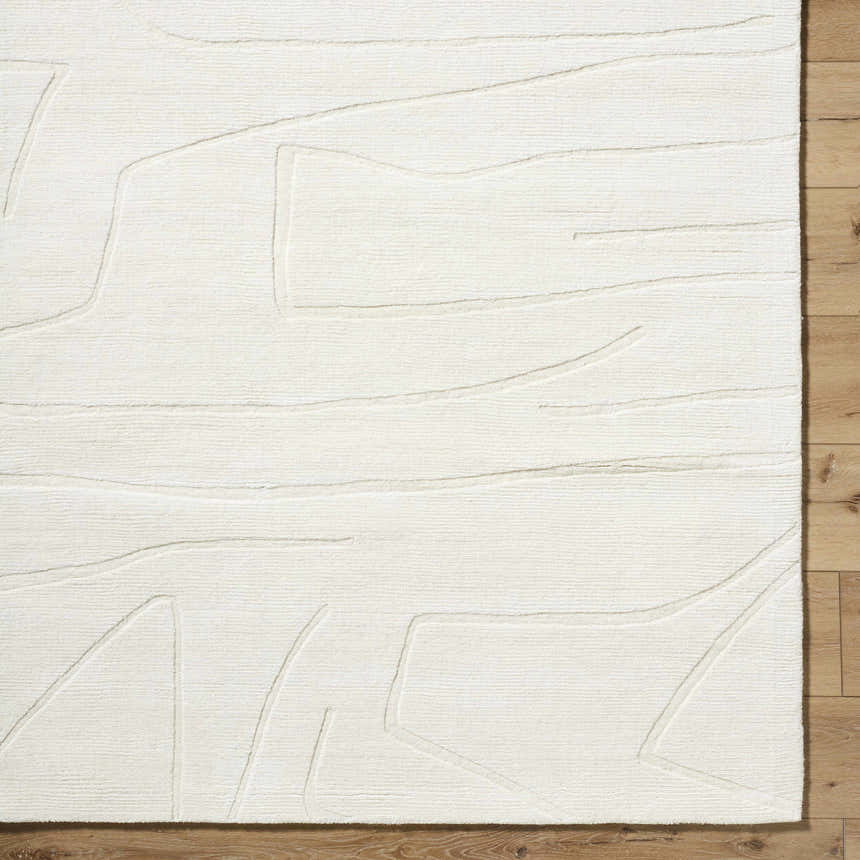 Close-up of the off white Camryn Area Rug showing its hand loomed texture and contemporary line design on wood floor. Corner