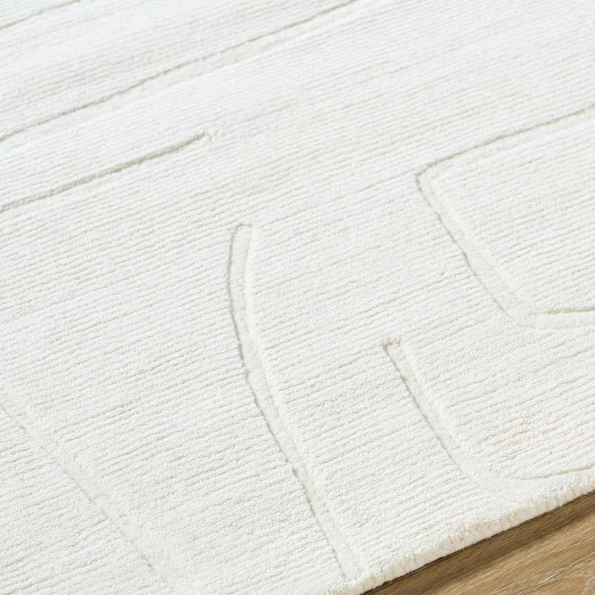 Close-up of the off-white Camryn Area Rug. Hand-loomed wool rug with a subtle geometric pattern and textured design. Texture