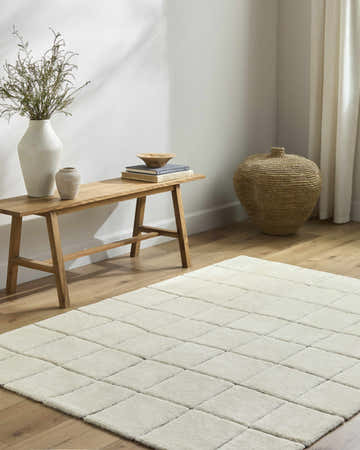Minimalist room scene with an off-white Caolan Washable Wool Rug, wood bench, vases, and woven basket. Roomscene-Rectangle
