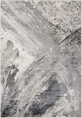 Close-up of the Chaeli Area Rug. Contemporary design in beige, black, charcoal, ivory, and light slate. Machine woven texture. Design-Rectangle-537