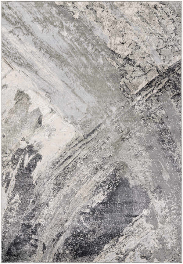 Close-up of the Chaeli Area Rug. Contemporary design in beige, black, charcoal, ivory, and light slate. Machine woven texture. Design-Rectangle-537