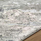 Close-up of the Chaeli Area Rug showing its abstract beige, black, charcoal, and ivory pattern and machine-woven texture. Texture