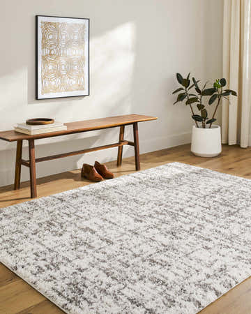 Entryway with wood bench, plant, and the white and charcoal Candra Area Rug. Roomscene-Rectangle
