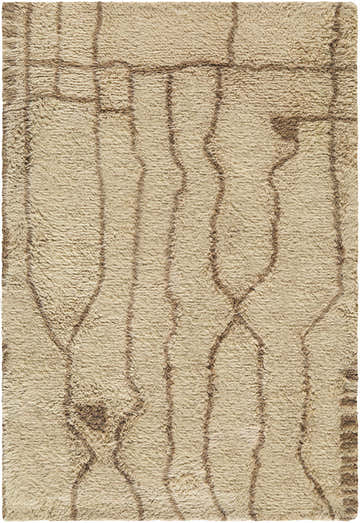 Close-up of the Chesna Area Rug. Hand-tufted wool rug in beige with a sandstone and taupe geometric pattern. Design-Rectangle-576