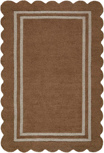 Close-up of the hand-tufted Chogan Umber Area Rug, a wool rug with a brown center, gray border, and scalloped edge. Design-Rectangle-576