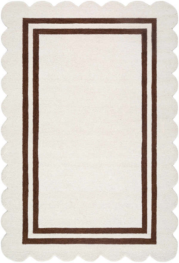 Close-up of the hand-tufted Chogan Ivory Area Rug with a brown border and scalloped edges. Design-Rectangle-576