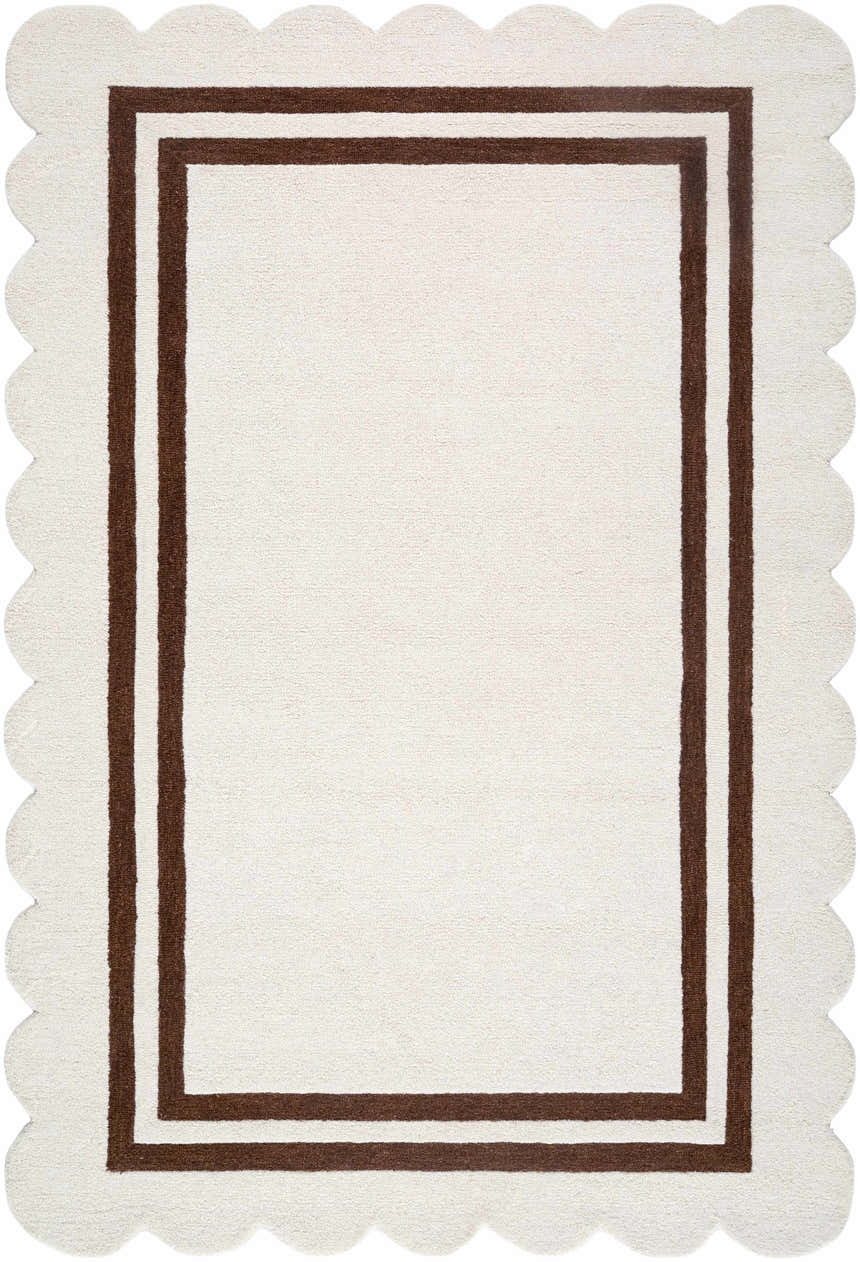 Close-up of the hand-tufted Chogan Ivory Area Rug with a brown border and scalloped edges. Design-Rectangle-576