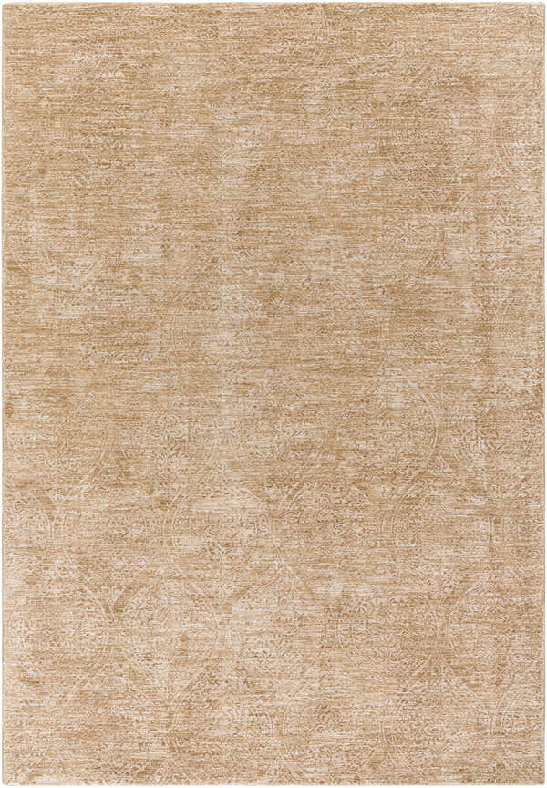 Close-up of the Cariel Beige Area Rug showing its traditional, tan, and prairie dust colors and woven texture. Design-Rectangle-6796