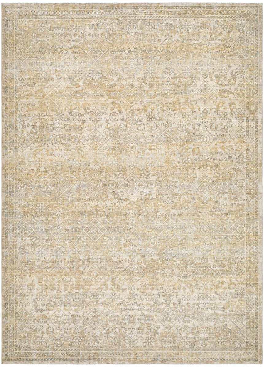 Close-up of the Becki Taupe Owens x Livabliss Renaissance Area Rug, a traditional rug with beige, tan, and taupe tones. Design-Rectangle-810