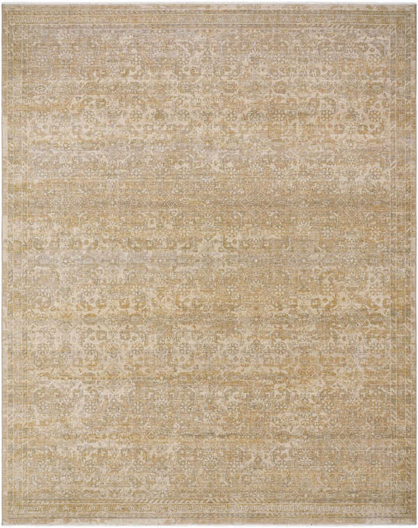 Close-up of the Becki Taupe Owens x Livabliss Renaissance Area Rug. Beige, tan, and taupe farmhouse style wool rug with traditional pattern. Design-Rectangle-710910