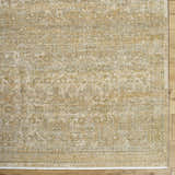 Close-up of the Becki Taupe Owens x Livabliss Renaissance Area Rug. Beige, tan, and taupe traditional wool rug. Corner