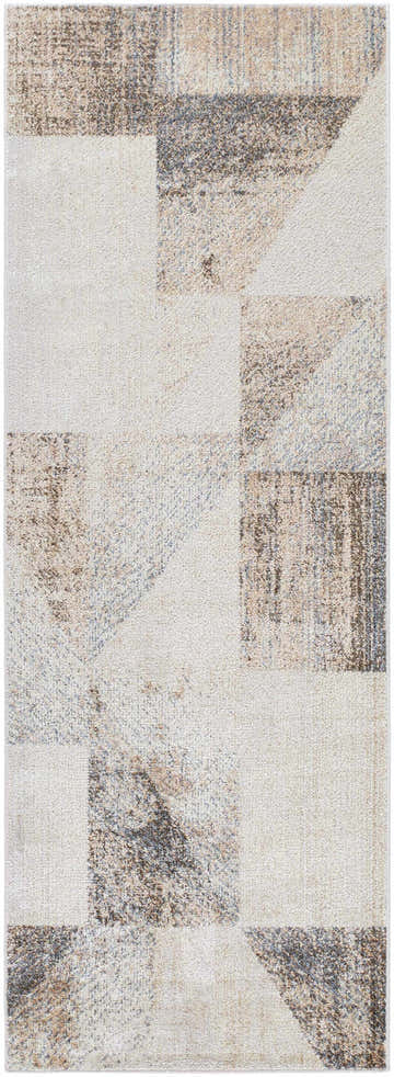 Close-up of the Chachi Washable Geometric Area Rug. Features dark brown, red, light brown, and navy hues. Design-Runner-2773
