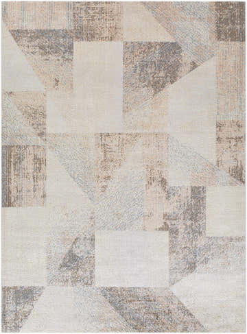 Close-up of the Chachi Washable Geometric Area Rug. Features a contemporary block pattern in dark brown, red, and light brown. Design-Rectangle-537
