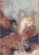 Close-up of the Chemed Area Rug. Abstract design with charcoal, crimson, ivory, mustard, and slate gray colors. Design-Rectangle-57