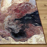 Close-up of the machine woven Chemed Area Rug. Coastal style rug in charcoal, crimson, ivory, mustard, and slate gray. Front