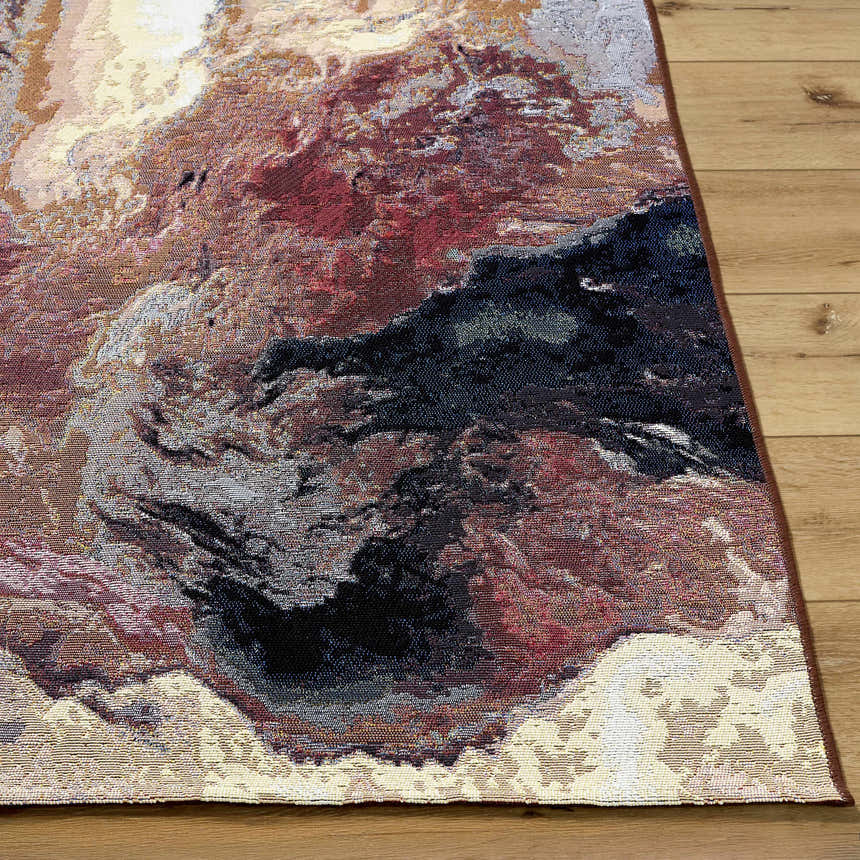Close-up of the machine woven Chemed Area Rug. Coastal style rug in charcoal, crimson, ivory, mustard, and slate gray. Front