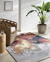 Coastal bathroom scene with a Chemed Area Rug, wicker chair, wood side table, and potted plant. Roomscene-Rectangle