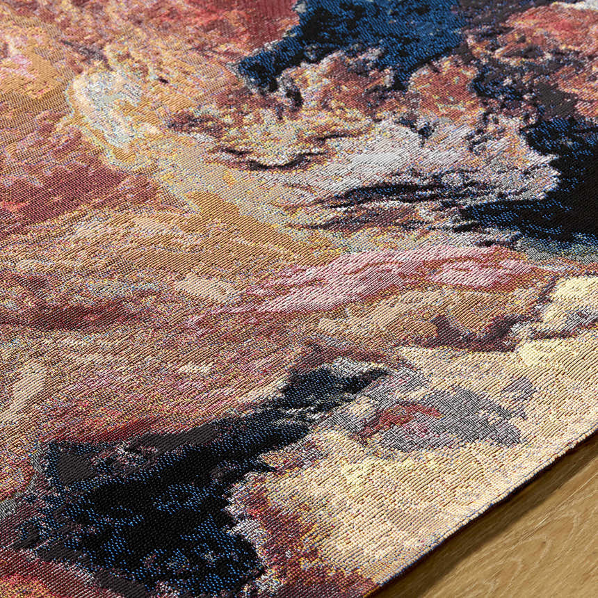 Close-up of Chemed Area Rug. Machine woven texture in charcoal, crimson, ivory, mustard, and slate gray hues. Coastal style. Texture