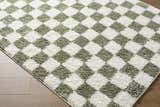 Close-up of the Castagnito Area Rug. Features a diamond pattern in white and soft green with a plush, textured pile. Corner