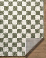 Close-up of the Castagnito Area Rug. Features a checkerboard pattern in ivory and sage green with a soft, textured pile. Fold