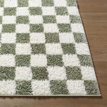 Close-up of the Castagnito Area Rug, a plush shag rug with a green and white checkerboard pattern on hardwood floors. Front