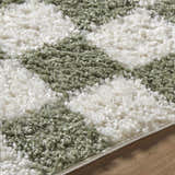 Close up of the Castagnito Area Rug showing a shag texture with a green and white geometric pattern. Texture