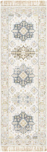 Close-up of the Chaela Ivory & Olive Area Rug. Features a farmhouse design with blush, mustard, and slate blue accents. Design-Runner-268