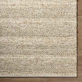 Close-up of the hand woven Ctadqe Beige Stripe Wool Area Rug showing texture and medium brown stripes. Corner