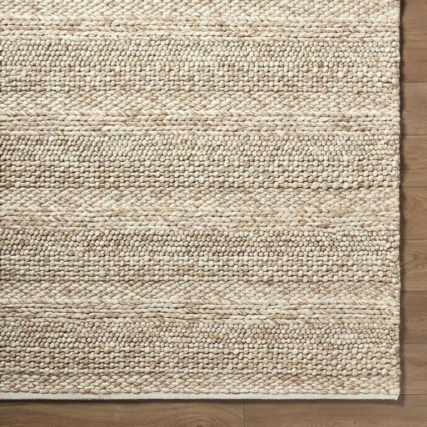 Close-up of the hand woven Ctadqe Beige Stripe Wool Area Rug showing texture and medium brown stripes. Corner