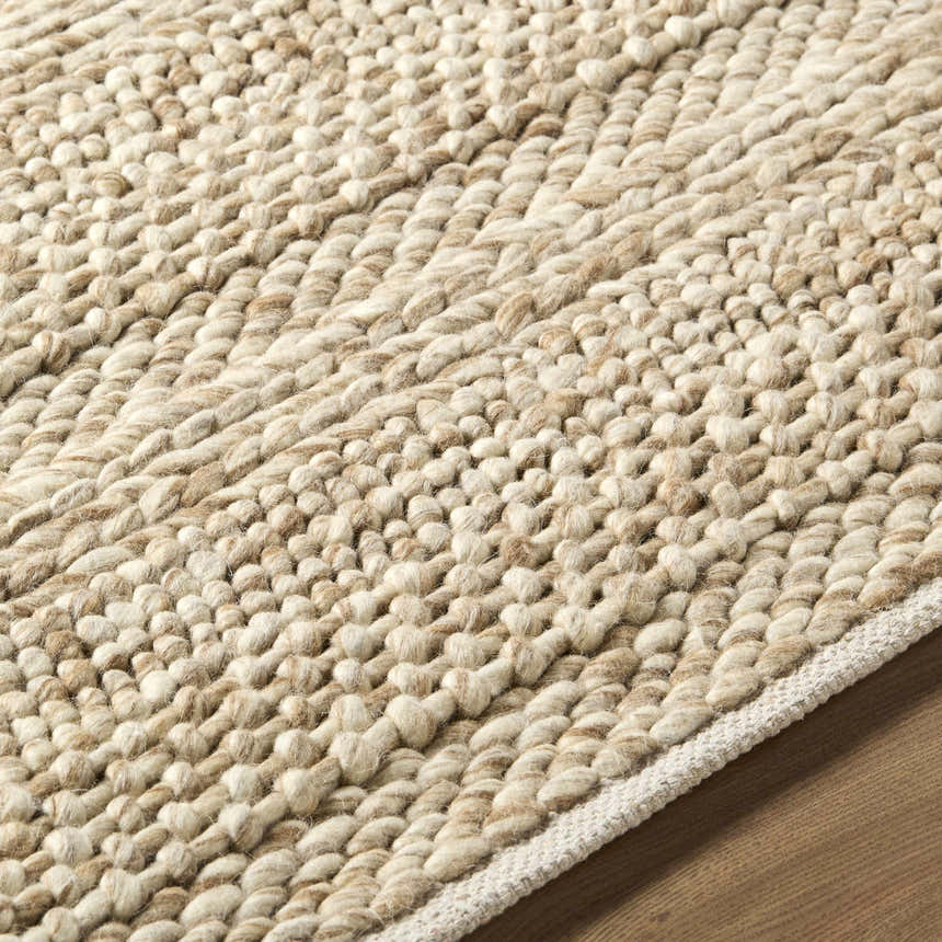 Close-up of the hand woven Ctadqe Beige Stripe Wool Area Rug showing texture and medium brown stripes. Texture