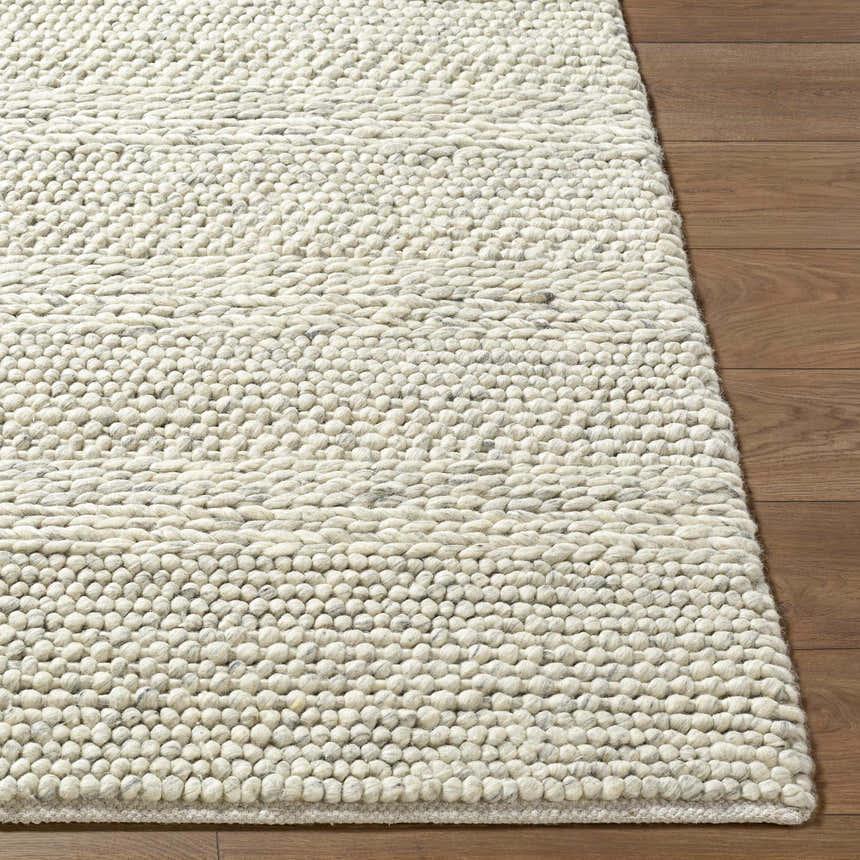 Close-up of the Clarke Textured Braided Stripe - Dark Beige Area Rug showing the wool texture and braided stripe pattern. Front