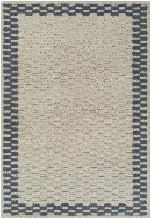 Close up of the hand-tufted Camdyn Area Rug. Ivory rug with charcoal border in a contemporary geometric pattern. 100% Wool. Design-Rectangle-576