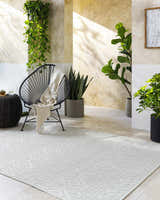 Sunlit patio scene with a silver gray Choire Area Rug, modern chair, and lush potted plants. Roomscene-Rectangle