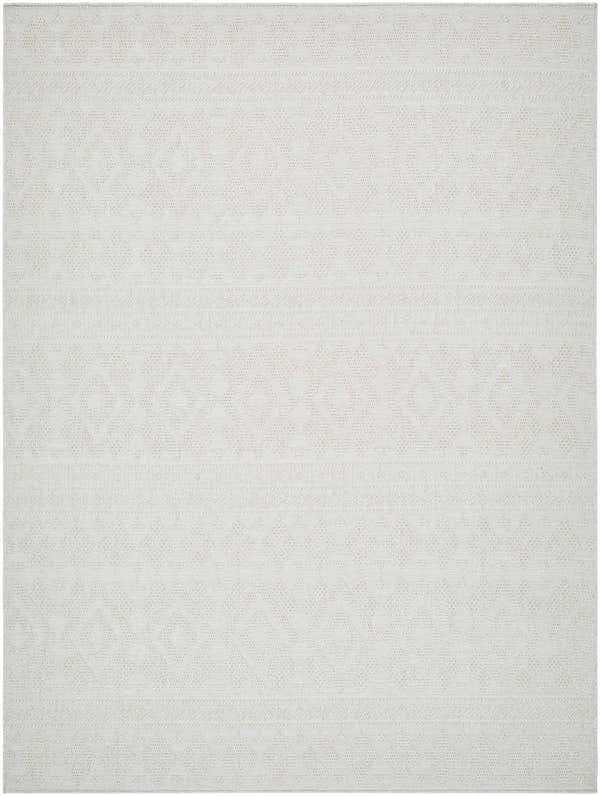 Close-up of the Choire Area Rug, a light silver rug with a subtle geometric diamond pattern and woven texture. Design-Rectangle-537