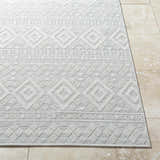 Close-up of the light silver Choire Area Rug showing its geometric diamond pattern and textured, machine-woven construction. Front