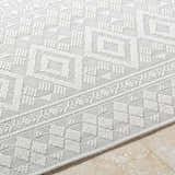 Close-up of the light silver Choire Area Rug, showcasing its geometric pattern and woven texture. Texture