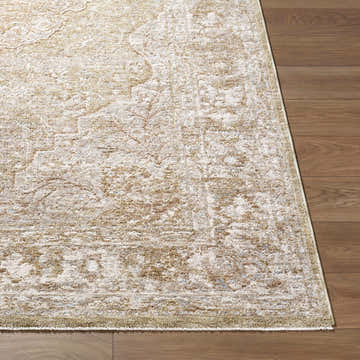 Close up of the Charae Sandstone Area Rug showing its traditional pattern and soft texture on wood floors. Front
