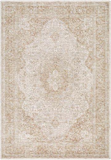 Close-up of the Charae Ivory Area Rug, a machine-woven rug with beige, sandstone, and taupe traditional patterns. Design-Rectangle-6796