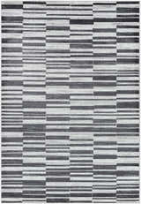 Close-up of Cemach Cream Area Rug featuring a contemporary stripe pattern in charcoal, silver, and gray hues. Design-Rectangle-5373
